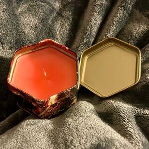 Small Vintage Octagon-Shaped Christmas Tin With Red Wax Candle Inside